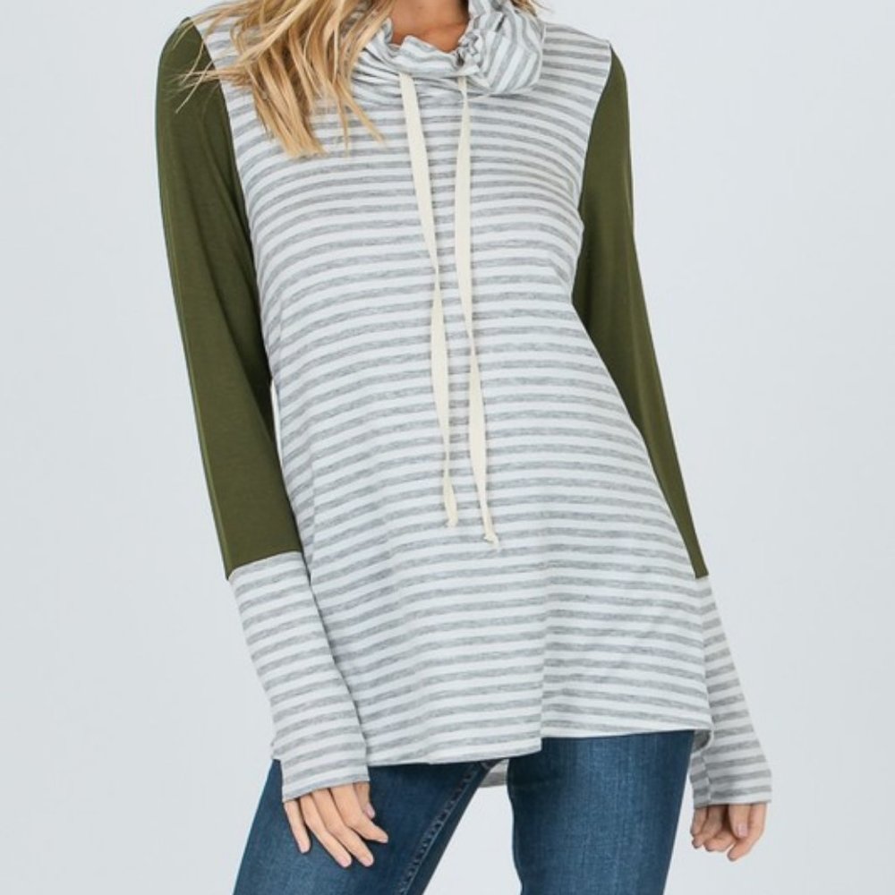 Olive Grey Striped Hooded Top